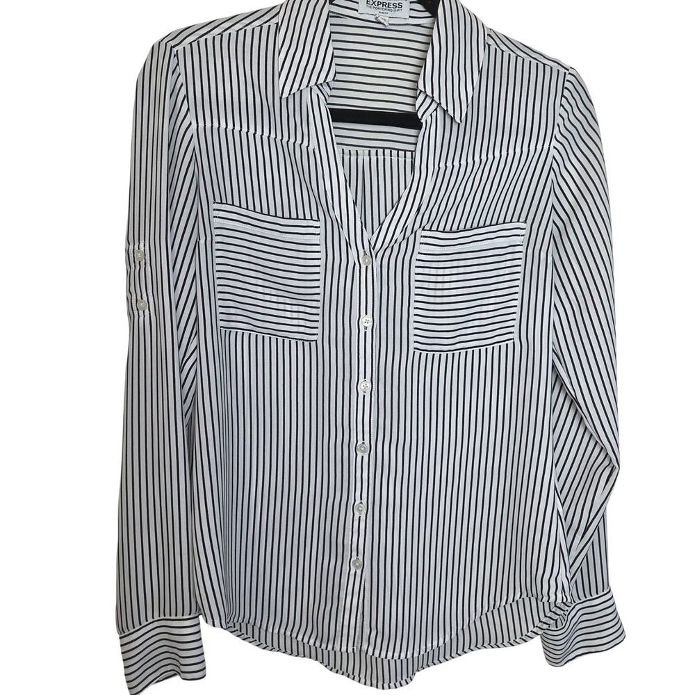 Express Portofino Shirt Womens XS Black White Striped Slim Fit Roll Tab Sleeve